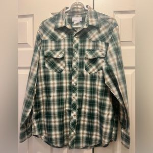 Wrangler Wrancher Men’s Green Black Plaid Pearl Snap Western Shirt Long Sleeve
